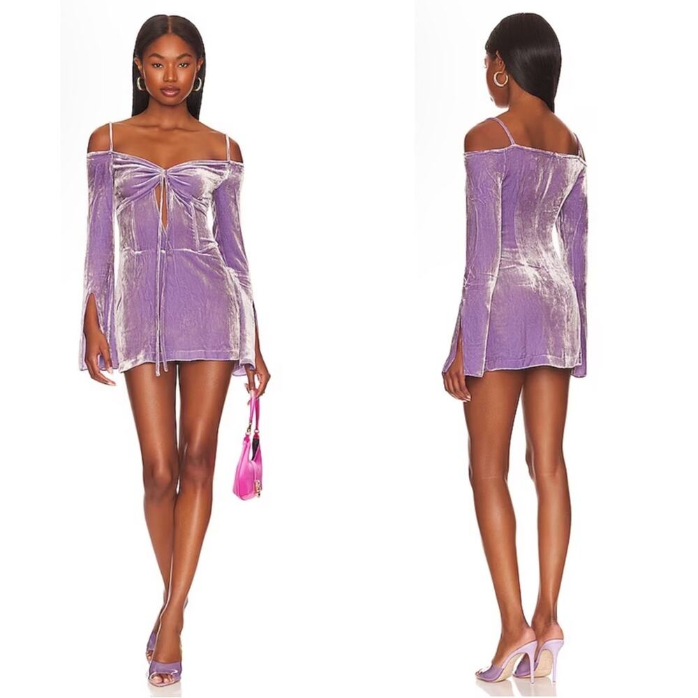 KIM SHUI Off the Shoulder Velvet Cutout Mini Dress in Lilac Size Small
